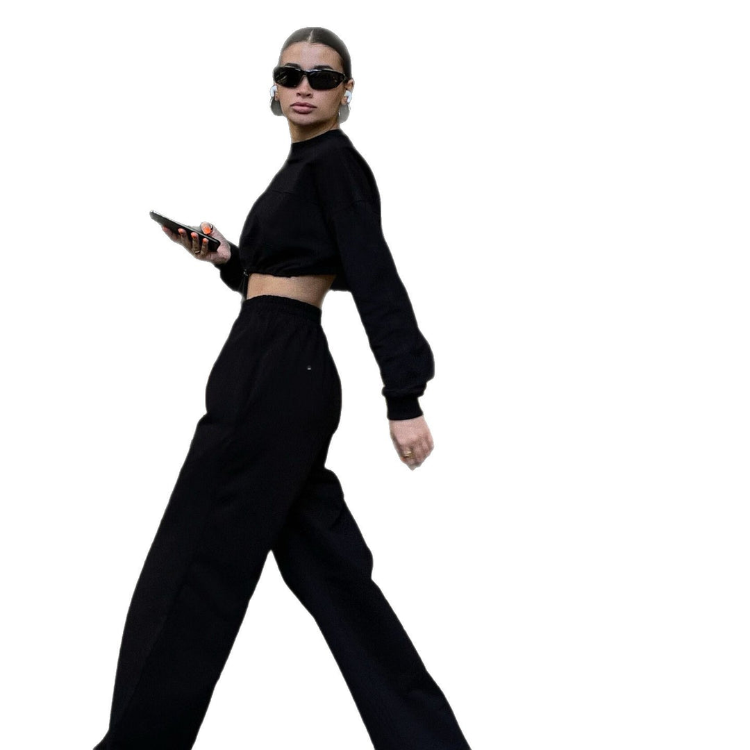 Damen Cropped Loungewear-Set mit gerafftem Tunnelzug und weiter High-Waist-Hose Drune