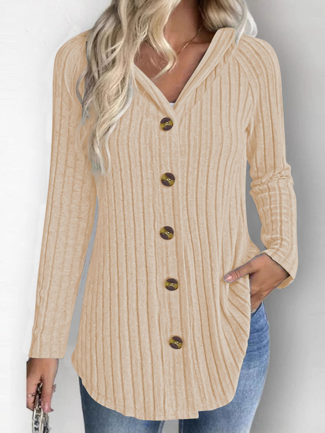 Damen Gerippte Longcardigan-Tunika mit Knopfleiste und Eingrifftaschen Drune