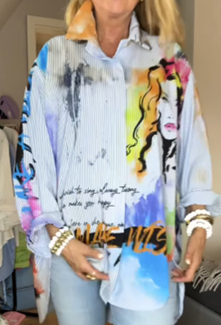 Damen nan kunstvoll bedruckte weit geschnittene Hemdbluse mit Popartmotiv und Nadelstreifen Drune