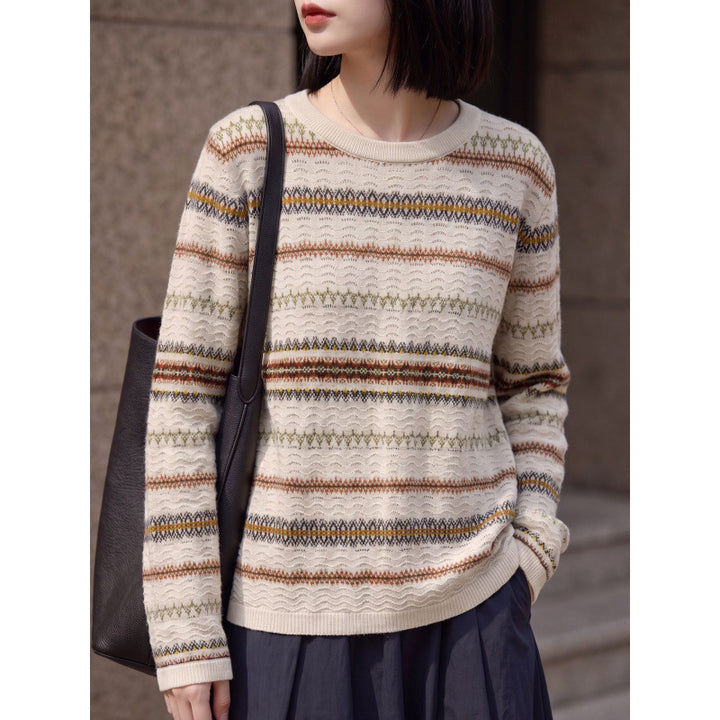 Damen Leichter Rundhals-Pullover im Norwegerstreifen-Design mit strukturierter Ajouroptik Drune