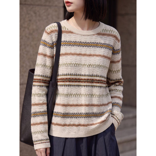 Damen Leichter Rundhals-Pullover im Norwegerstreifen-Design mit strukturierter Ajouroptik Drune