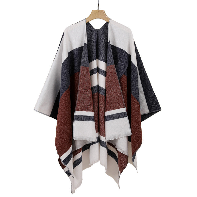 Damen Leichter Capeponcho aus Feinstrick mit geometrischem Blockstreifen-Design Drune