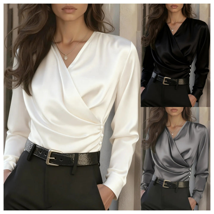 Damen Wickelbluse mit eleganten Knopfdetails Drune