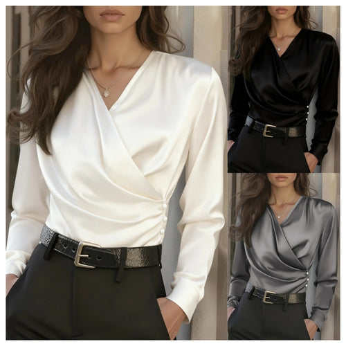 Damen Wickelbluse mit eleganten Knopfdetails Drune