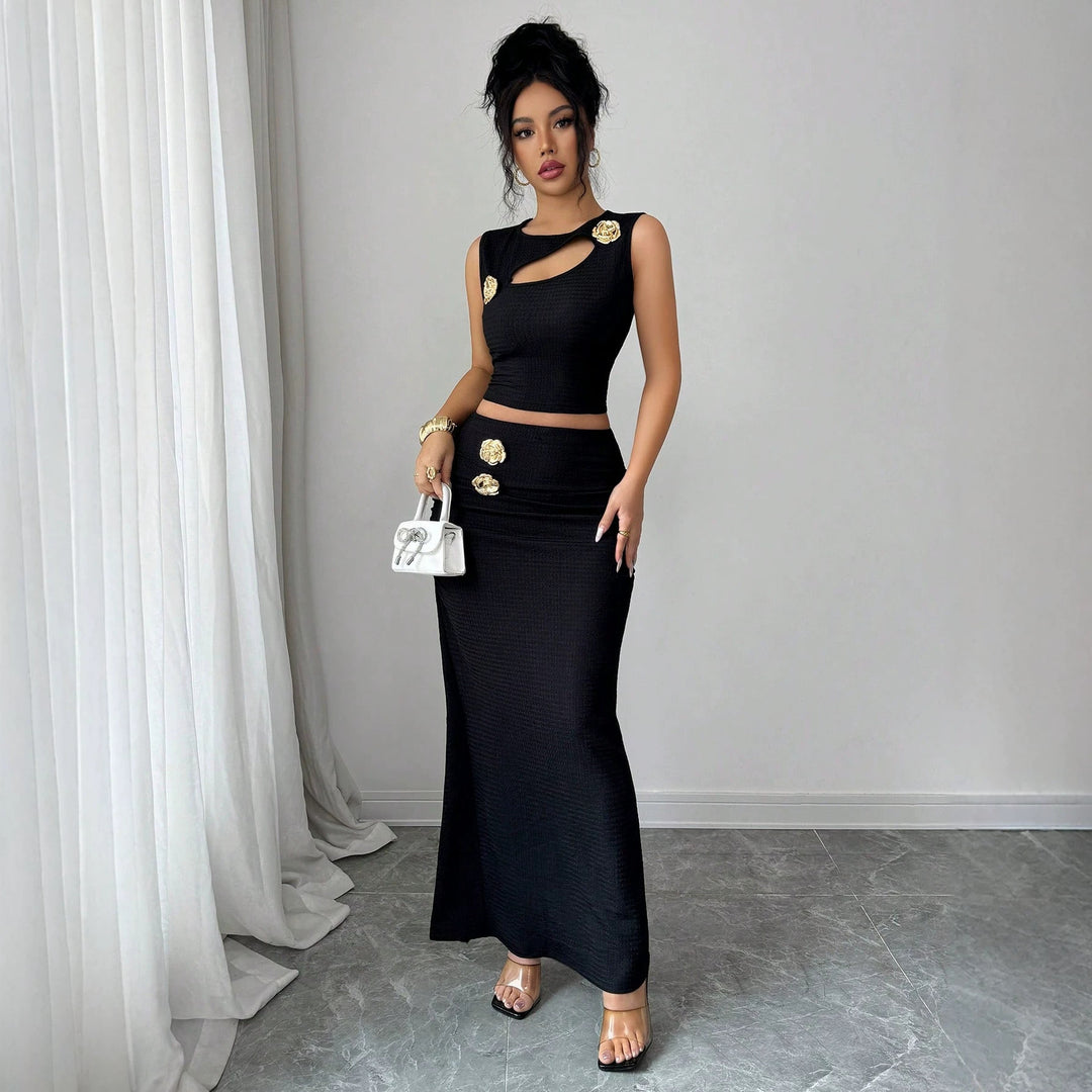Damen nan zweiteiliges tailliertes Set mit asymmetrischem Cut-Out Crop-Top und figurbetontem Maxi-Bleistiftrock Drune