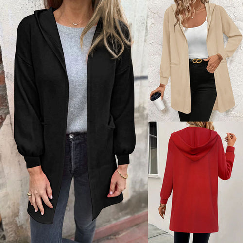 Damen Langer Kapuzen-Cardigan mit Eingrifftaschen und gerippten Bündchen Drune