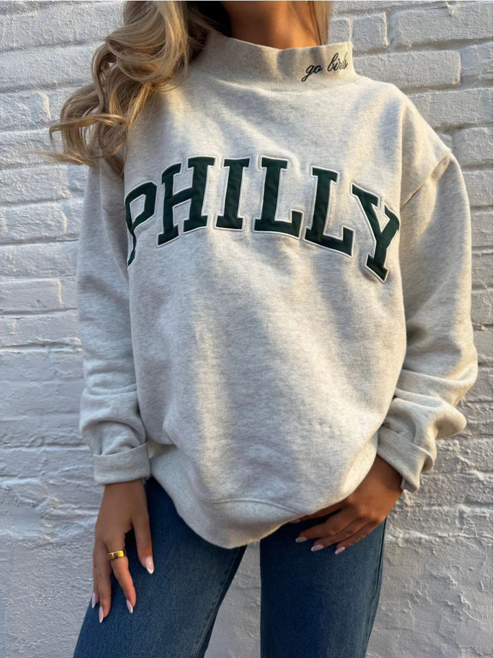 Damen nan weit geschnittenes College-Sweatshirt mit hohem Stehkragen und aufgenähtem Schriftzug Drune