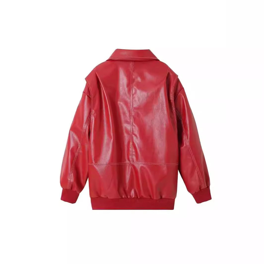 Damen stylische Kunstlederjacke mit voluminösen Ärmeln und praktischen Zipper-Taschen Drune