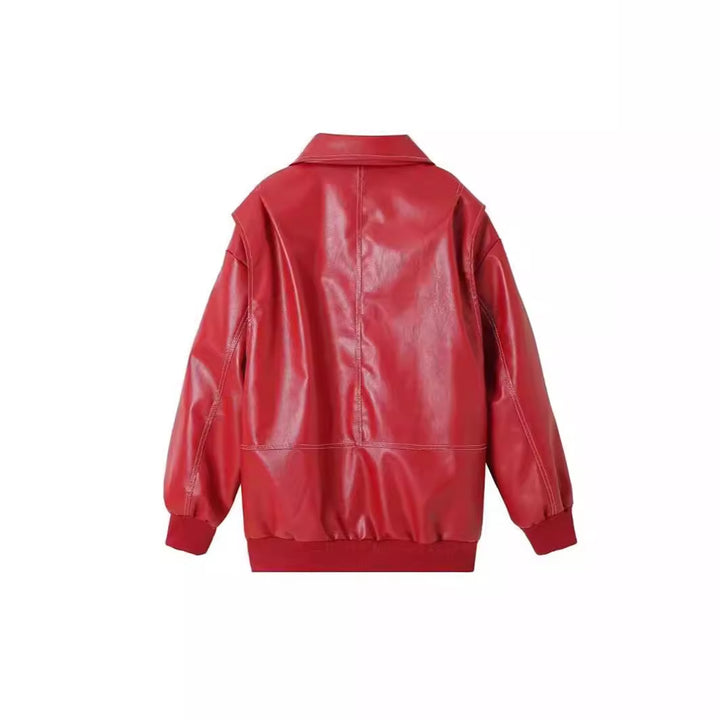 Damen stylische Kunstlederjacke mit voluminösen Ärmeln und praktischen Zipper-Taschen Drune