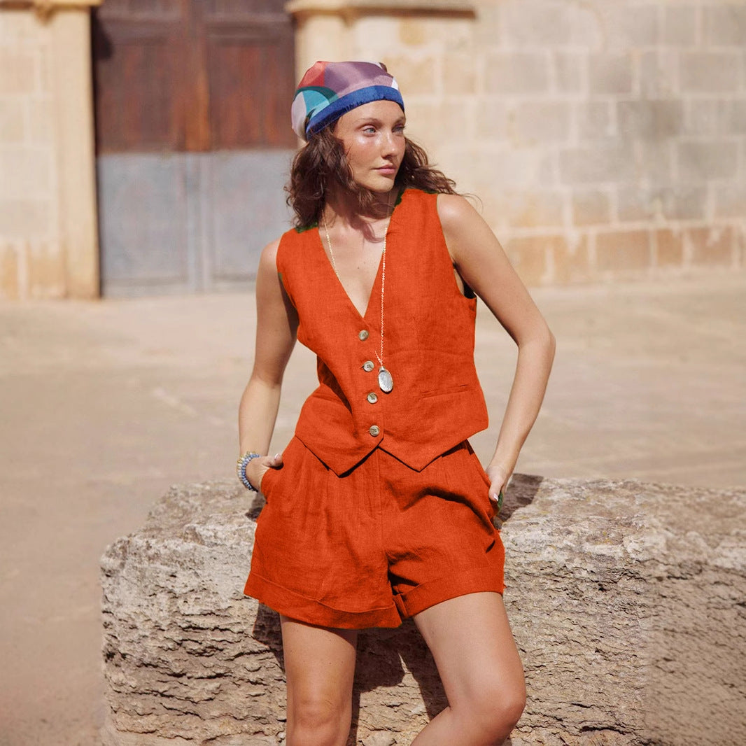 Damen Zweiteiliges Leinen-Set mit taillierter Weste und Shorts Drune