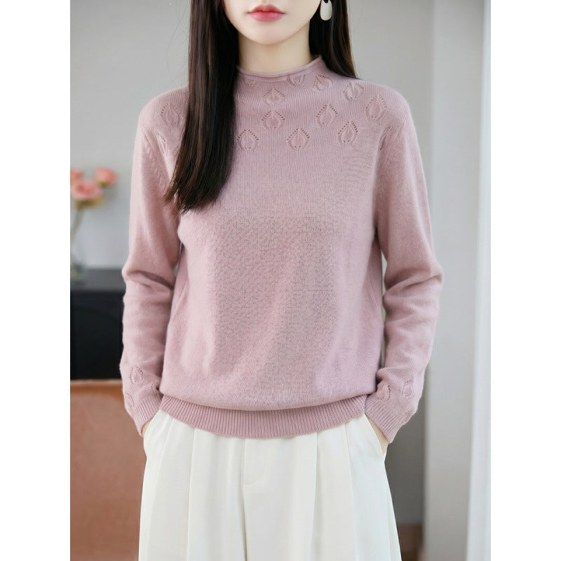 Damen Leichter Stehkragenpullover mit floralem Ajour‑Yoke und feiner Rippkante Drune
