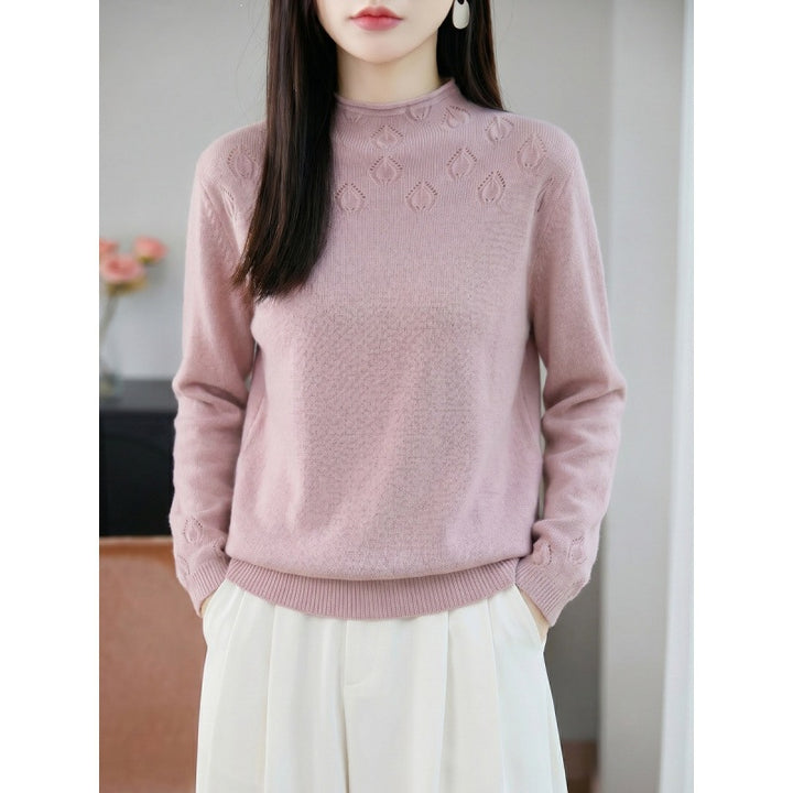 Damen Leichter Stehkragenpullover mit floralem Ajour‑Yoke und feiner Rippkante Drune
