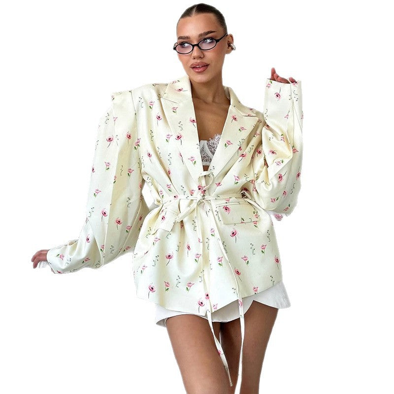 Damen Elegante Blazerjacke mit floralem Design und Taillengürtel Drune