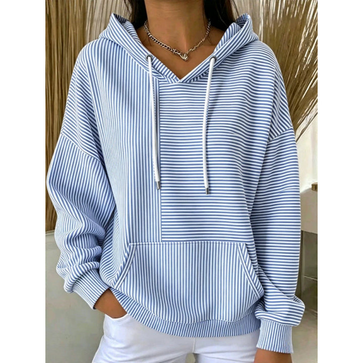 Damen Oversize Kapuzenpullover mit feinem Streifenprint, Kängurutasche und V-Ausschnitt-Kapuze Drune