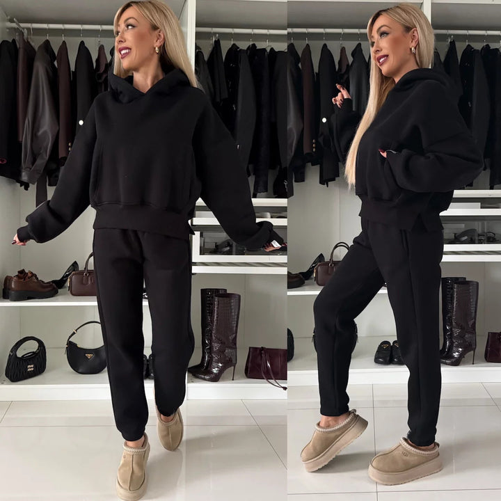 Damen kuscheliger Hoodie mit hohem Kragen und lässiger Jogginghose Drune