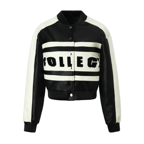 Damen Modische Kurzlederjacke mit College-Design Drune