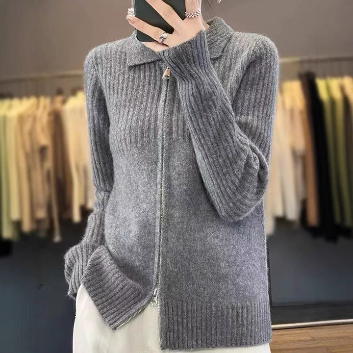 Damen gemütlicher Strickcardigan mit Reißverschluss und feinem Rippmuster Drune