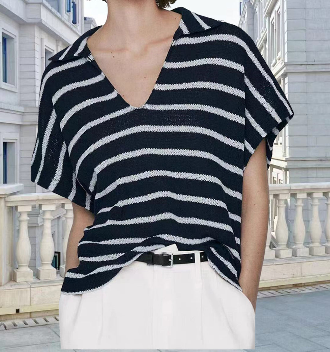 Damen Strickoberteil mit elegantem Kragen und modischem Streifenmuster Drune