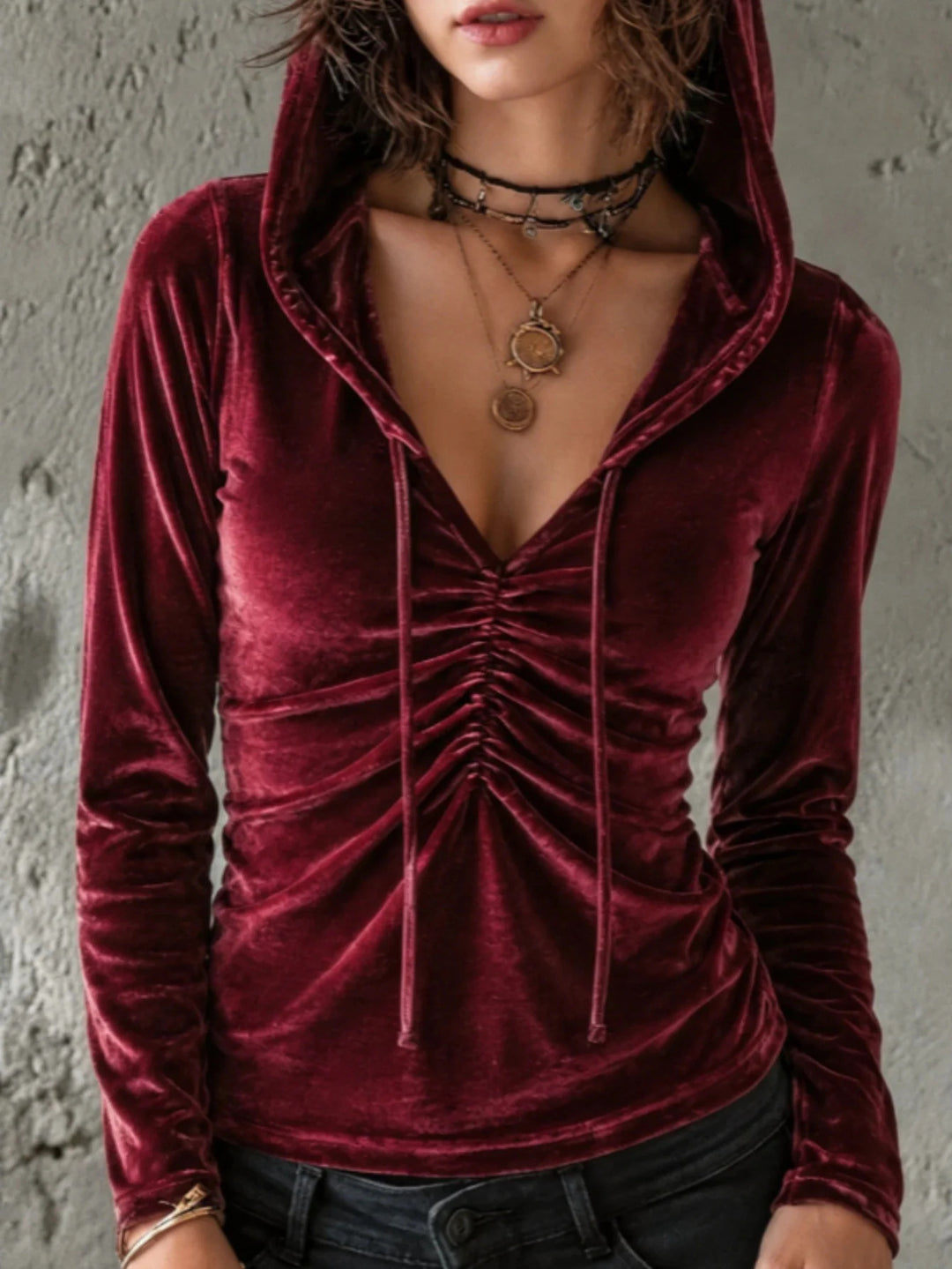 Damen Samt-Hoodie-Shirt mit geraffter V‑Ausschnitt‑Front Drune