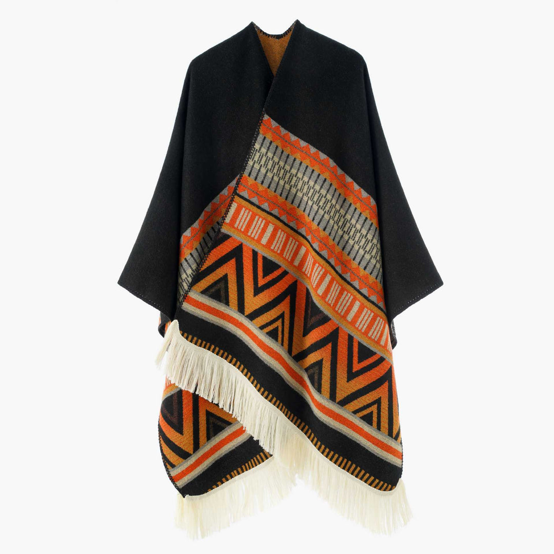 Damen Gewebter Ethno-Poncho mit Fransen und Jacquardmuster Drune