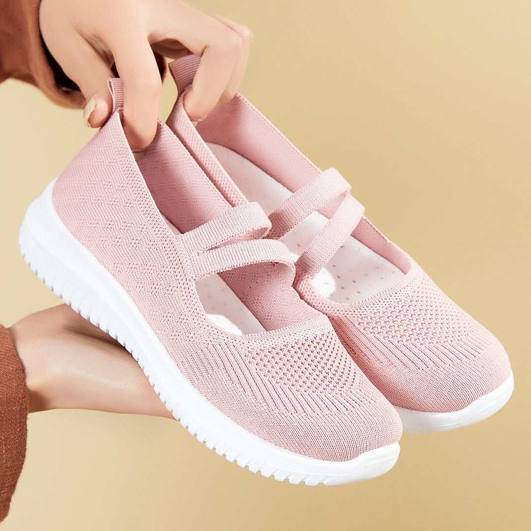 Damen nan gestrickter Slip-On Mary-Jane-Sneaker mit elastischen Riemen, gepolstertem Komfortfußbett und flexibler EVA-Laufsohle Drune