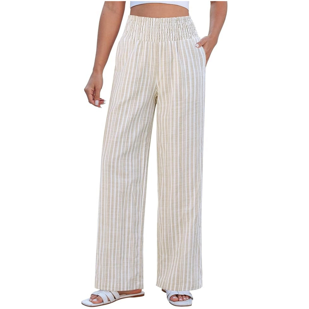 Damen Leichte Leinenhose mit weitem Bein, hoch geschnittener geraffter Gummibund und Seitentaschen Drune
