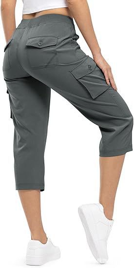 Damen Capri Cargo-Hosen in Bermuda-Länge mit hoher Taille und aufgesetzten Klappentaschen Drune