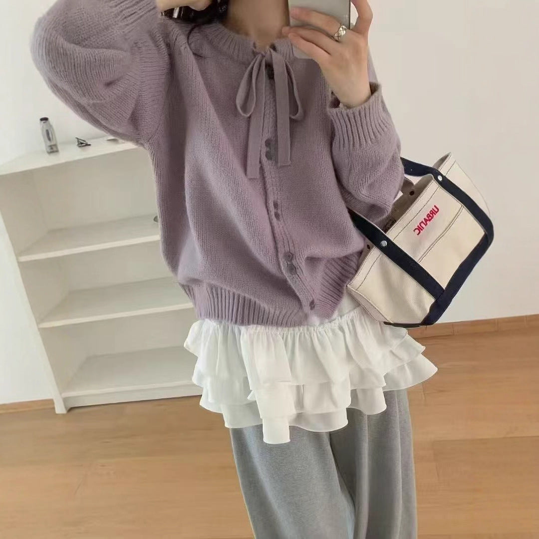 Damen Kürzer Strickcardigan mit Schleifenband und leichtem Material Drune