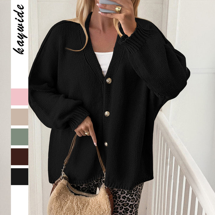 Damen nan Bouclé-Oversize-Cardigan mit tiefem V-Ausschnitt, Kimonoärmeln und goldenen Zierknöpfen Drune