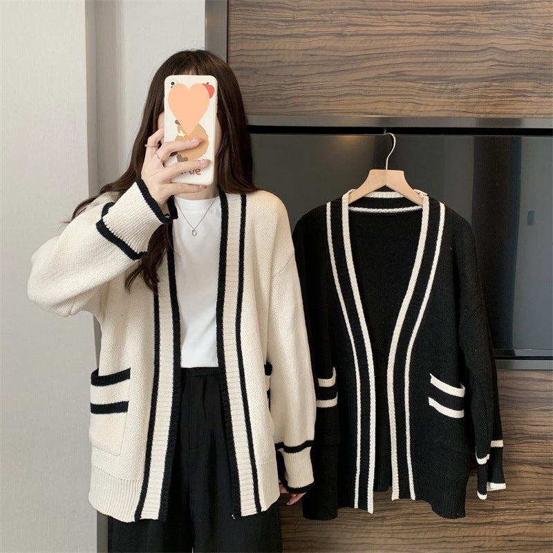 Damen lässiger Strickjacke mit großen Taschen und Kontrastdetails Drune