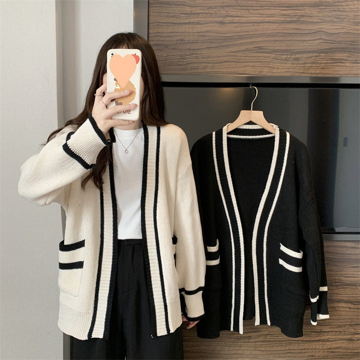 Damen lässiger Strickjacke mit großen Taschen und Kontrastdetails Drune