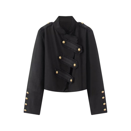 Damen Kurze Militärjacke mit Stehkragen und goldenen Zierknöpfen Drune