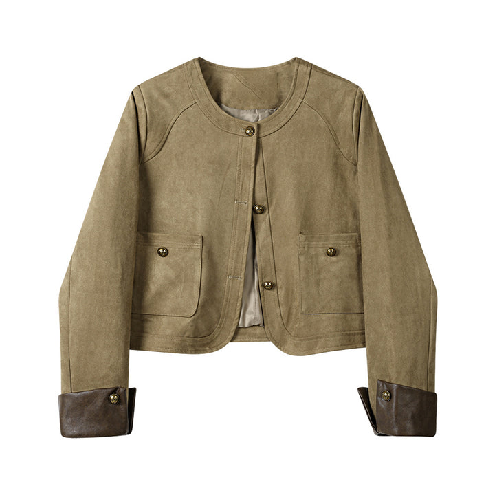 Damen Kurzjacke aus Veloursleder mit Rundhals, aufgesetzten Taschen & Umschlagmanschetten Drune