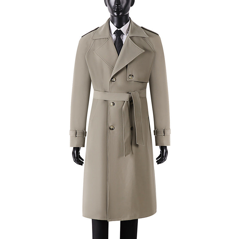 Herren Langer Minimalistischer Trenchcoat mit Sturmklappe Taillengürtel und verstellbaren Manschetten Drune