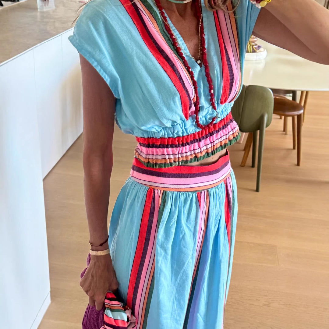 Damen Strandmaxi-Kleid mit elastischem Taillenbund und buntem Streifenmuster Drune