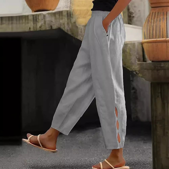 Damen Leichte Leinenhose mit seitlichen Schlitzen und elastischem Bund Drune