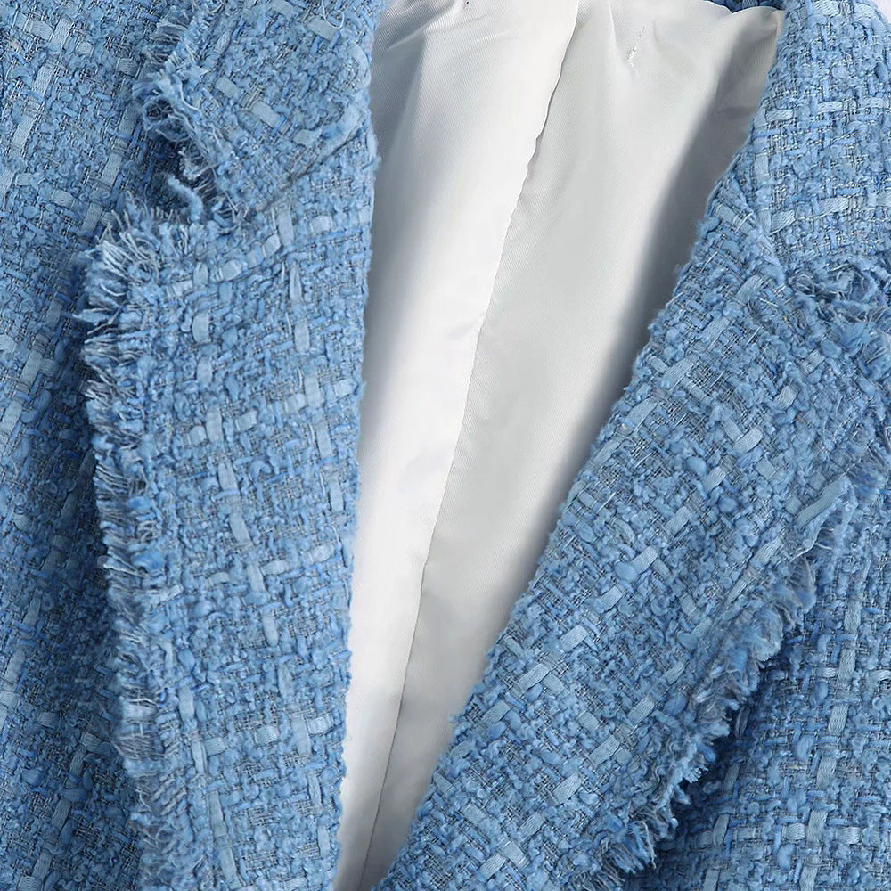 Damen Doppelreihiger Bouclé-Tweed-Blazer mit Fransenbesatz Drune