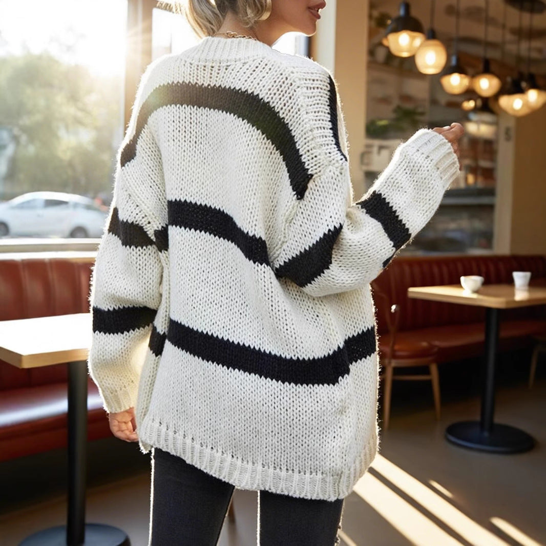 Damen Grobstrickjacke mit modischen Streifen Drune