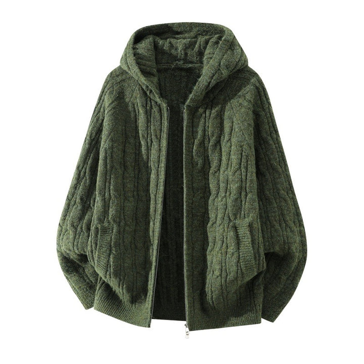 Damen Oversize Zopfstrick-Kapuzencardigan mit durchgehendem Reißverschluss und Ballonärmeln Drune