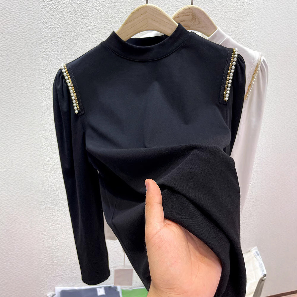 Damen elegantes Longsleeve-Oberteil mit besonderen Perlenapplikationen Drune