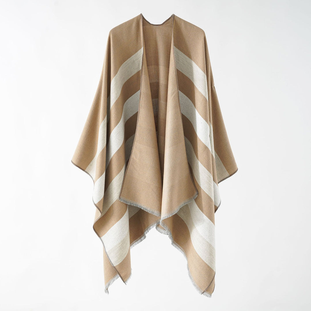 Damen Feiner Wollmix‑Capeüberwurf mit diagonaler Streifenstruktur und Fransensaum Drune