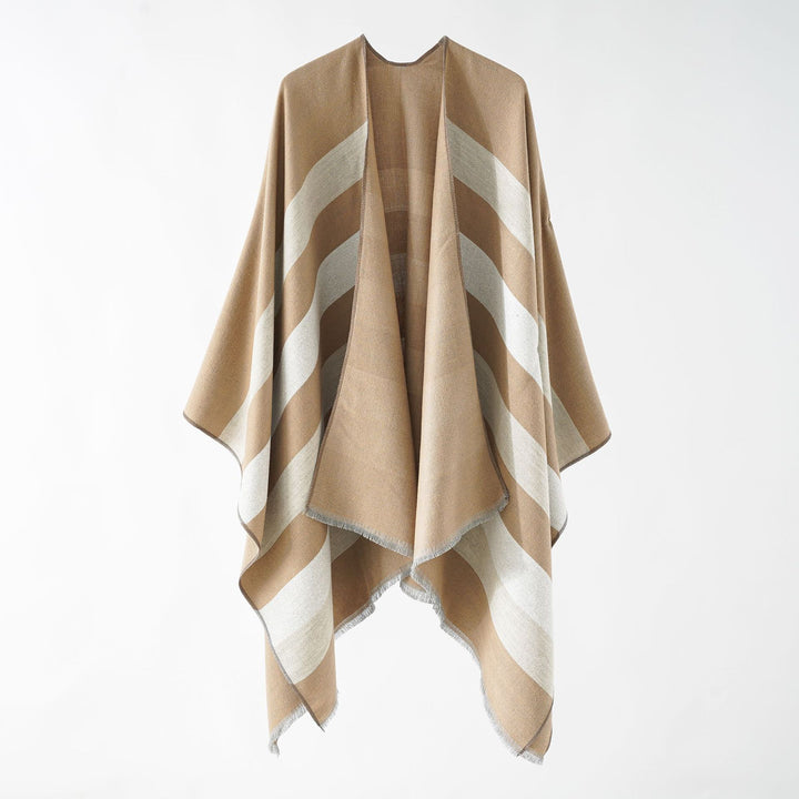 Damen Feiner Wollmix‑Capeüberwurf mit diagonaler Streifenstruktur und Fransensaum Drune