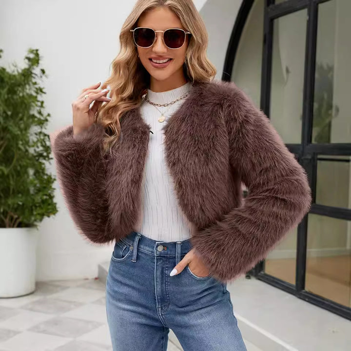 Damen Elegante und kuschelige Kurzjacke mit Kunstfell Drune