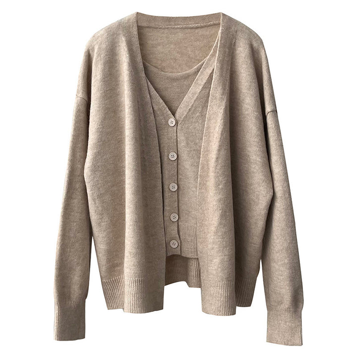 Damen Modische Strickjacke mit V-Ausschnitt und Knopfverschluss Drune