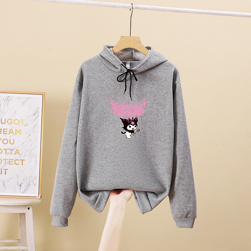 Damen nan Kapuzenpullover mit Gothic‑Kawaii Print, Oversize‑Schnitt und weichem Fleeceinnenfutter Drune