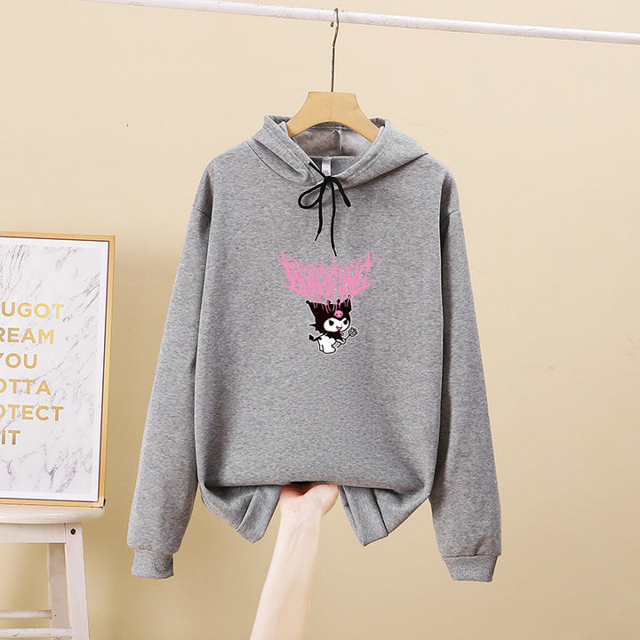 Damen nan Kapuzenpullover mit Gothic‑Kawaii Print, Oversize‑Schnitt und weichem Fleeceinnenfutter Drune