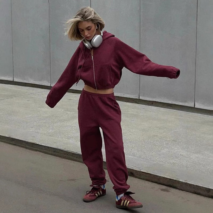Damen Sportliches Hoodie-Set mit hohem Kragen und bequemen Hosen Drune
