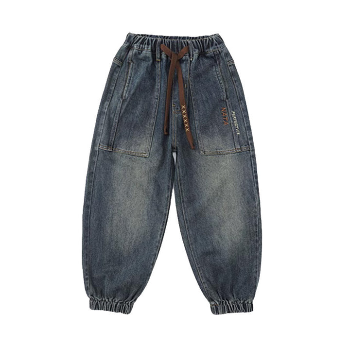 Unisex weite Denim-Hose mit elastischen Bündchen und großen Taschen Drune