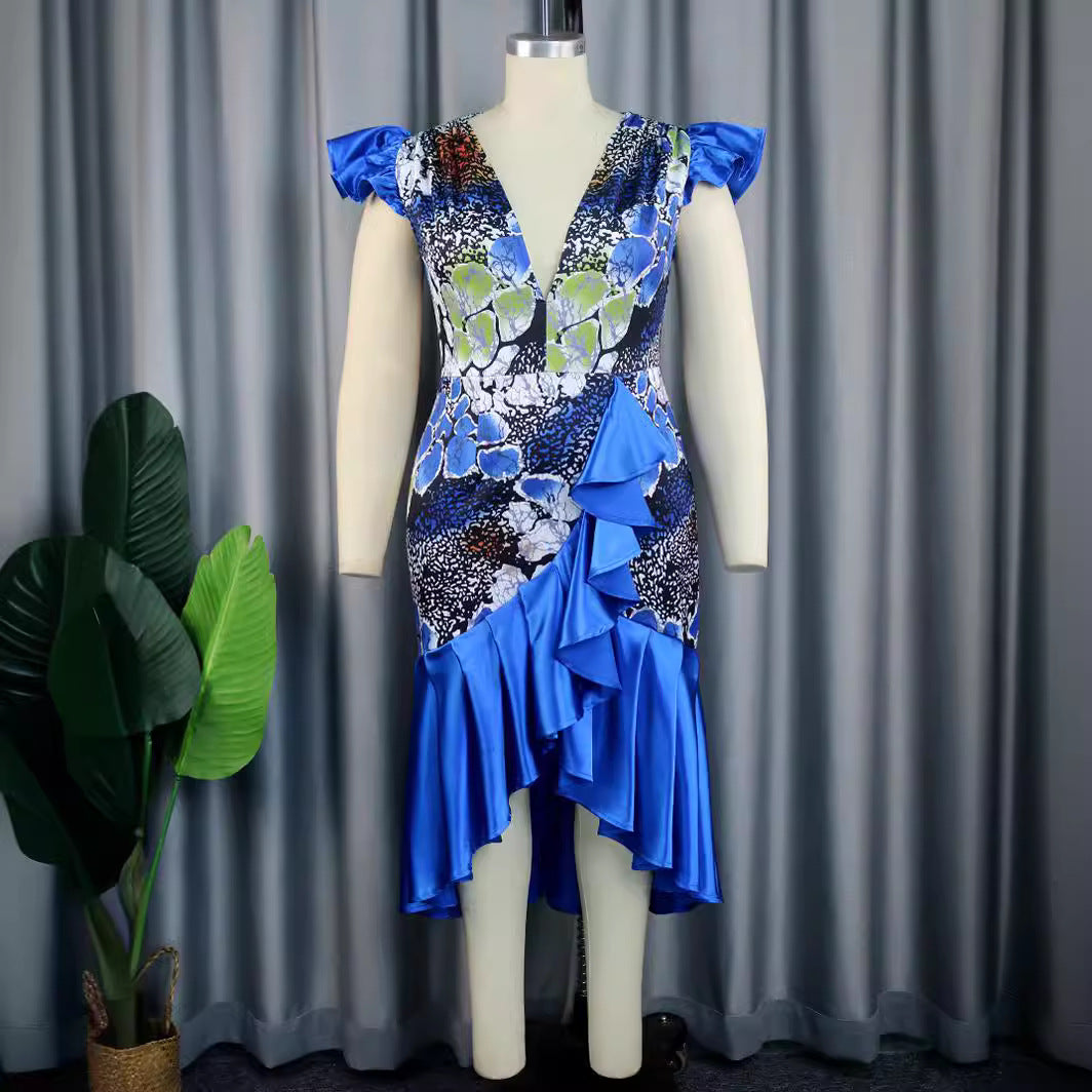 Damen Elegantes Rüschenkleid mit tiefem V-Ausschnitt und gefüllten Ärmeln Drune