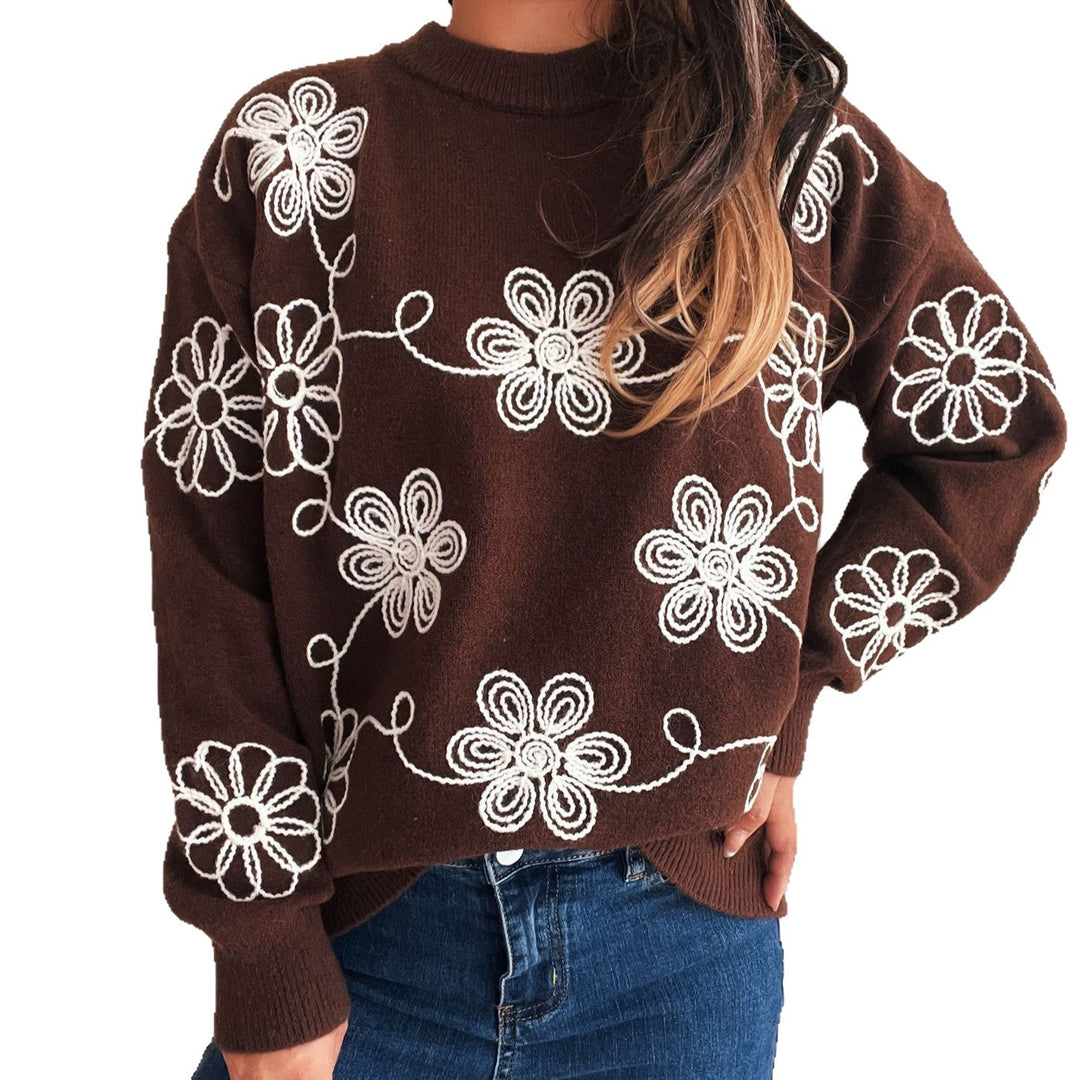 Damen gemütlicher Strickpullover mit floralem Muster und hohem Kragen Drune